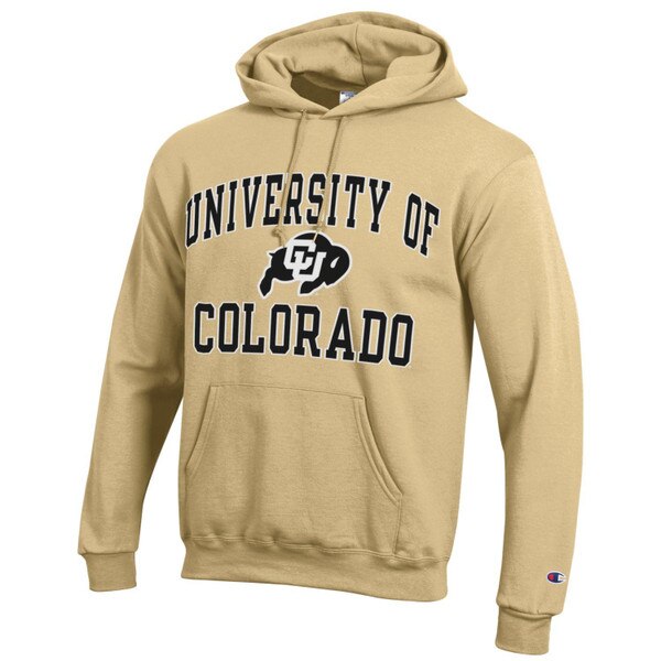 A Vegas Gold hoodie featuring University of Colorado lettering and a CU Buffalo logo with a drawstring hood and a large kanga pocket.